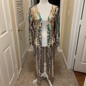 Southern Fried Chics Sequin Duster Gold Teal Turquoise Size Small NWT